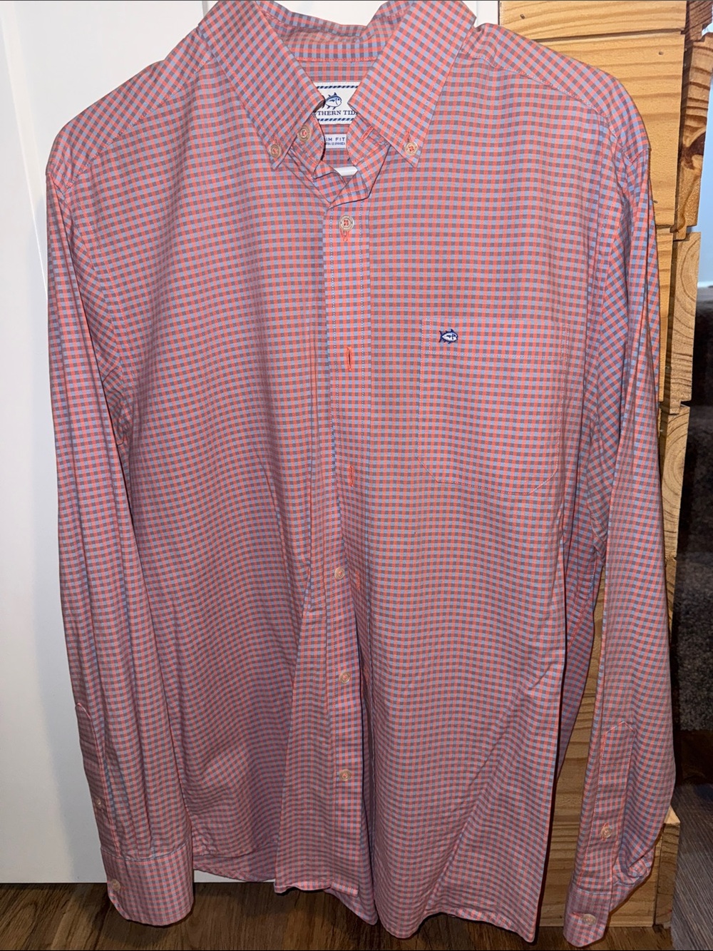 Southern Tide Men's Coral and Blue Gingham Button-Down Shirt